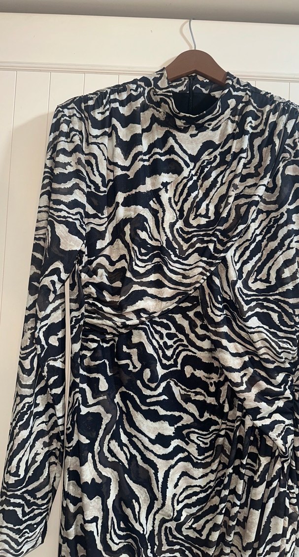 Uzun Kollu Zebra Desenli Drapeli Kadın Elbise - Görsel 3