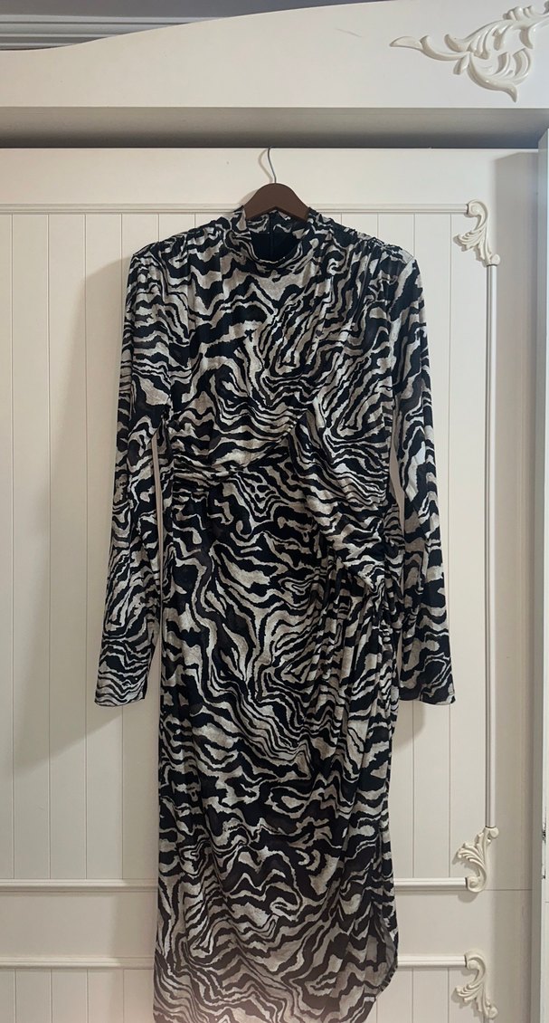 Uzun Kollu Zebra Desenli Drapeli Kadın Elbise - Görsel 2