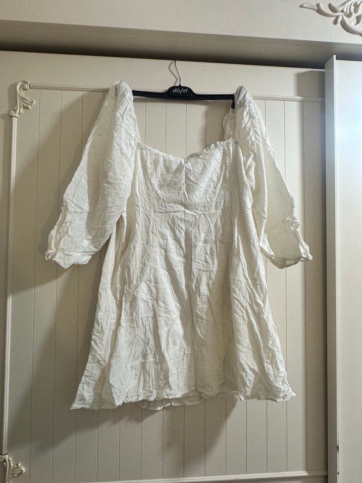 Beyaz Keten Midi Bohem Elbise - Görsel 4