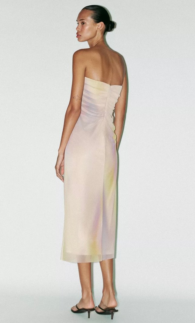 Zara Desenli Drapeli Straplez Uzun Elbise - Görsel 3