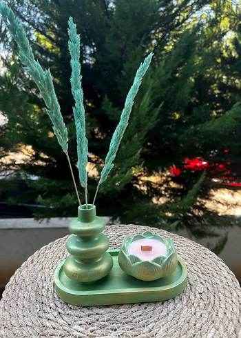  Beden Pastel Yeşil Mum ve Dekoratif Vazo Seti