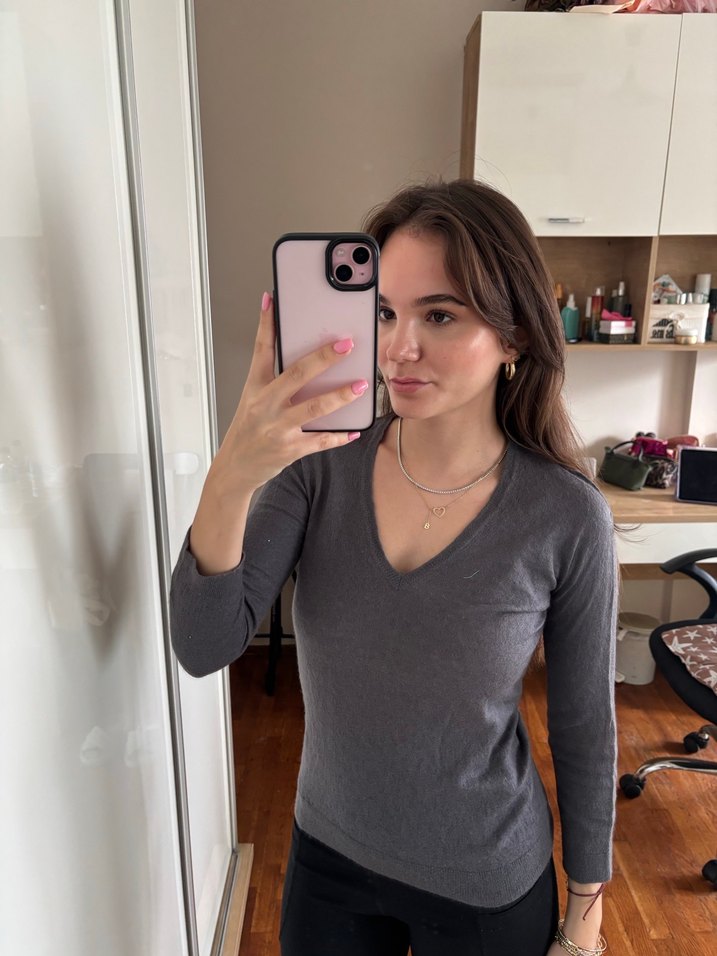 Gri V Yaka İnce Triko Kadın Kazak Stefanel - Görsel 2