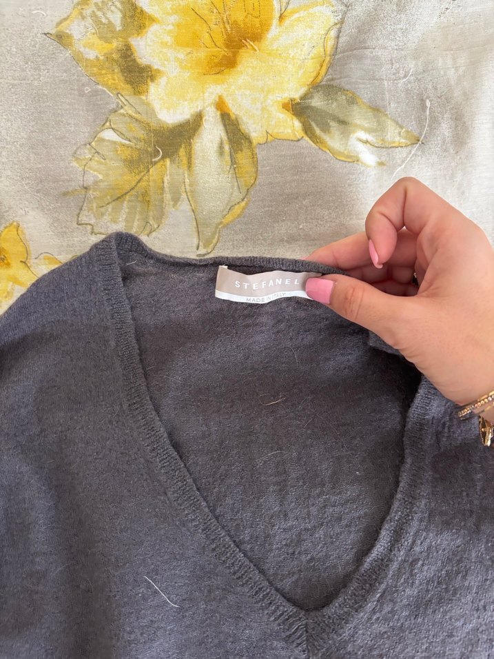 Gri V Yaka İnce Triko Kadın Kazak Stefanel - Görsel 5