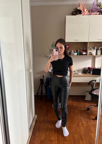 Siyah Deri Skinny Pantolon Zara - Görsel 3