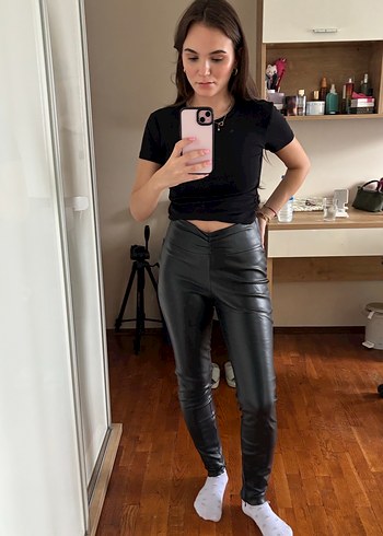 Siyah Deri Skinny Pantolon Zara - Görsel 4