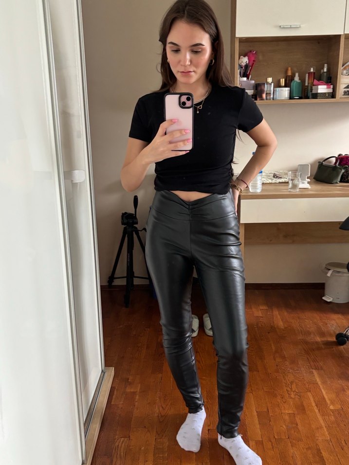 Siyah Deri Skinny Pantolon Zara - Görsel 4