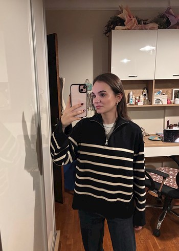 Zara Siyah Çizgili Yarım Fermuarlı Kadın Kazak - Görsel 4