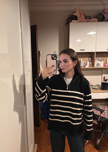 Zara Siyah Çizgili Yarım Fermuarlı Kadın Kazak - Görsel 2