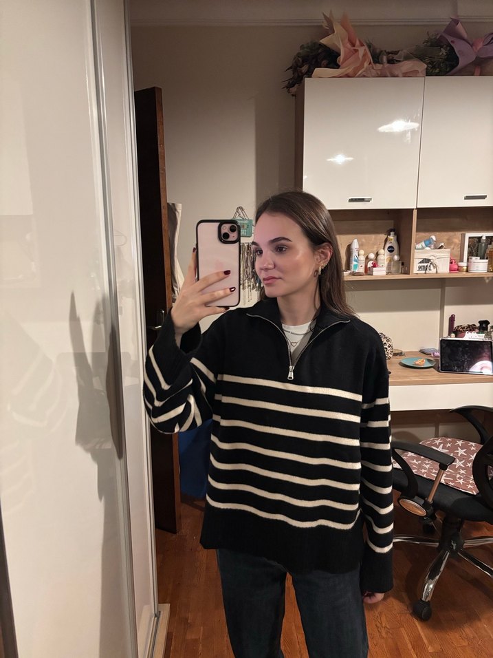 Zara Siyah Çizgili Yarım Fermuarlı Kadın Kazak - Görsel 4