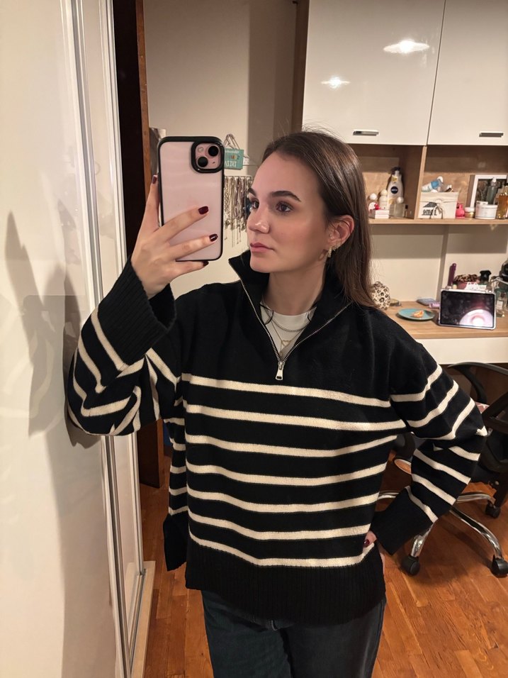 Zara Siyah Çizgili Yarım Fermuarlı Kadın Kazak - Görsel 3