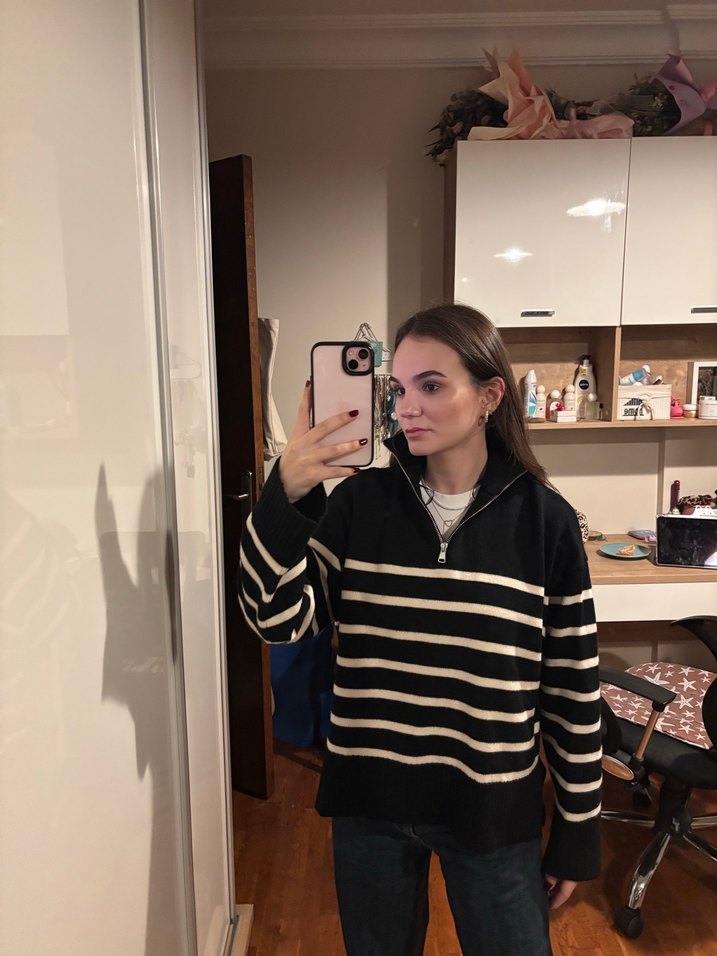 Zara Siyah Çizgili Yarım Fermuarlı Kadın Kazak - Görsel 2