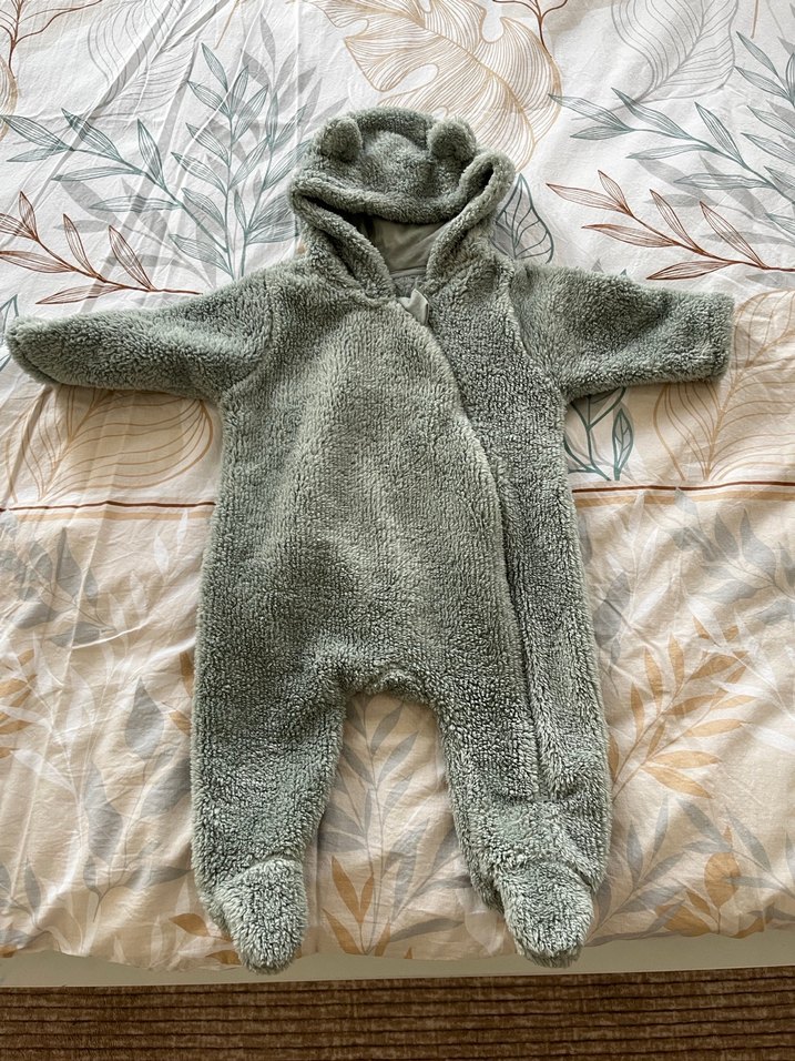 Haki Peluş Bebek Tulumu, Kapüşonlu - Görsel 3