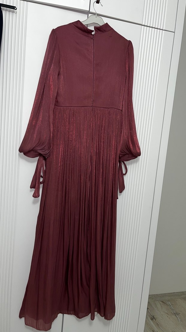 Pembe Uzun Kollu Drapeli Abiye Elbise - Görsel 3