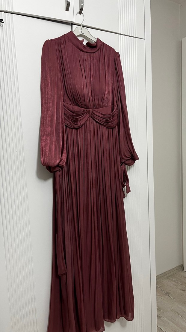 Pembe Uzun Kollu Drapeli Abiye Elbise - Görsel 2