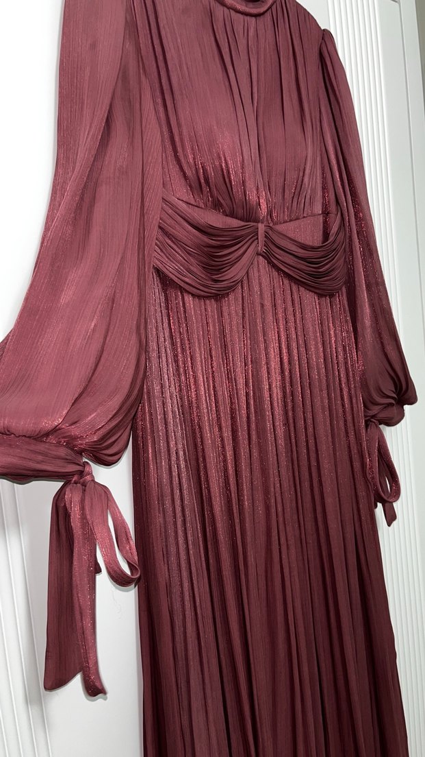 Pembe Uzun Kollu Drapeli Abiye Elbise - Görsel 4