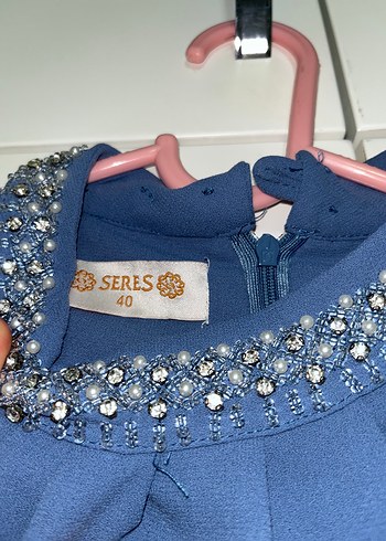 Uzun Kollu Mavi Kadın Abiye Elbise Takımı - Görsel 4