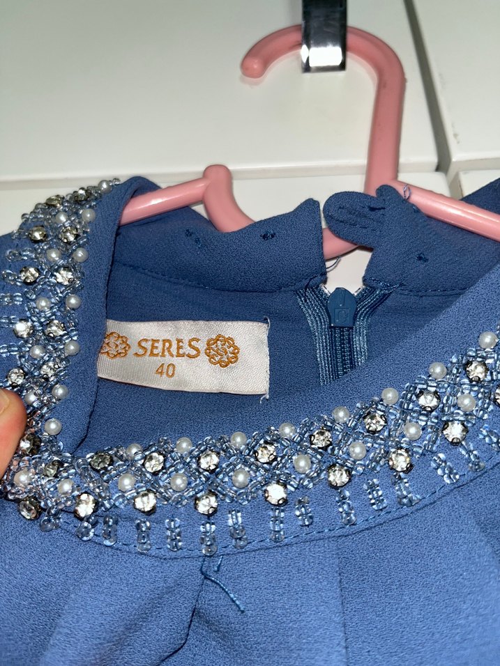 Uzun Kollu Mavi Kadın Abiye Elbise Takımı - Görsel 4