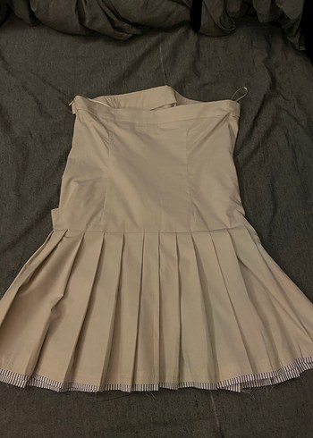 Bej Pilili Straplez Mini Elbise - Görsel 2