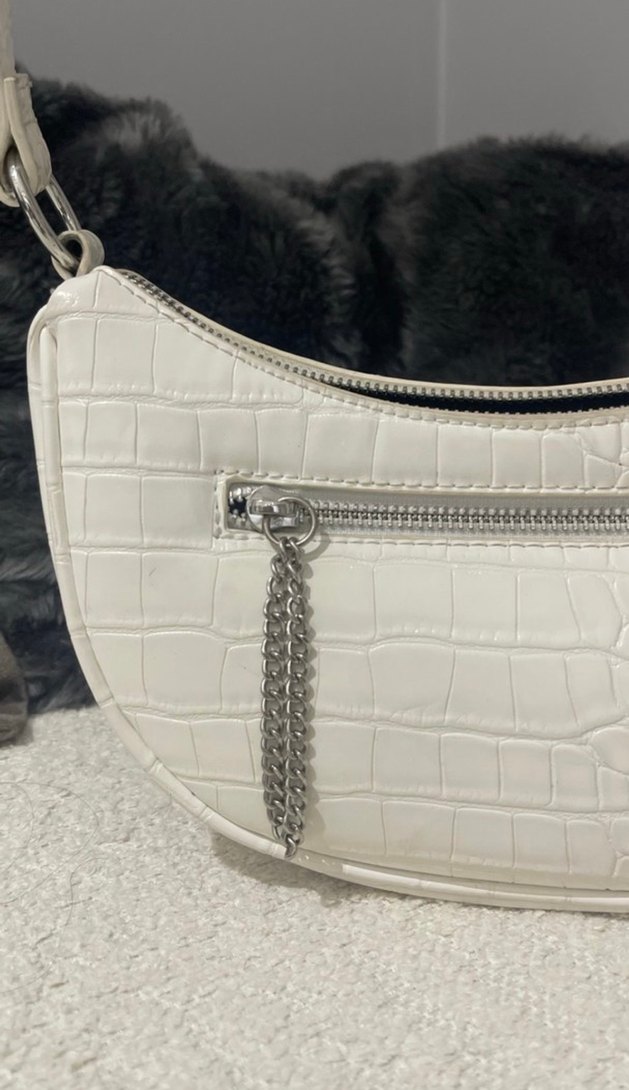Beyaz Deri Yılan Desenli Omuz Çantası - Görsel 3