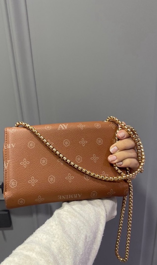 Zincir Detaylı Kahverengi Deri Kadın Clutch - Görsel 2