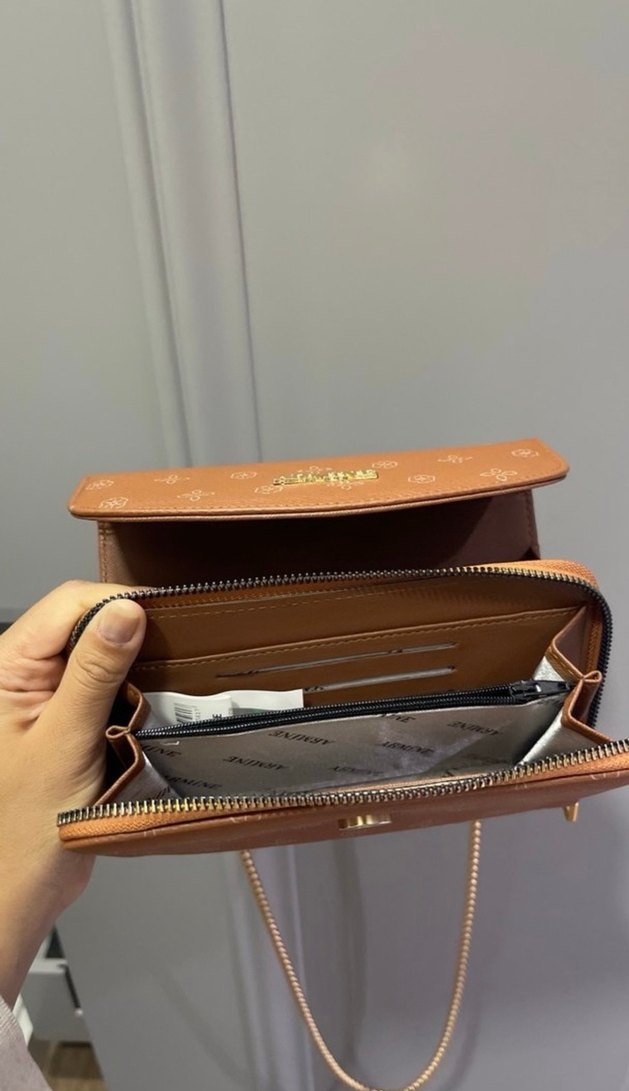 Zincir Detaylı Kahverengi Deri Kadın Clutch - Görsel 4