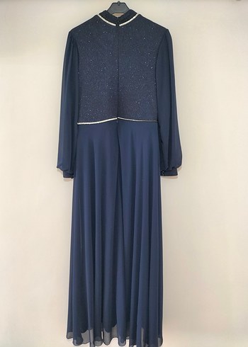 Lacivert Uzun Kollu Drapeli Abiye Elbise - Görsel 2