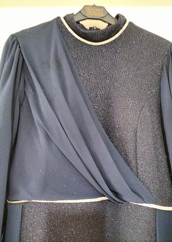 Lacivert Uzun Kollu Drapeli Abiye Elbise - Görsel 5