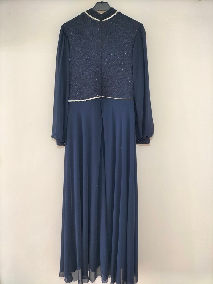 Lacivert Uzun Kollu Drapeli Abiye Elbise - Görsel 2