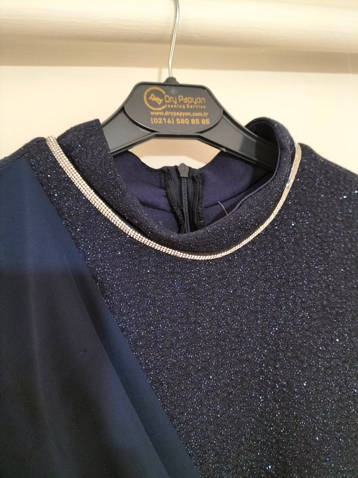 Lacivert Uzun Kollu Drapeli Abiye Elbise - Görsel 4