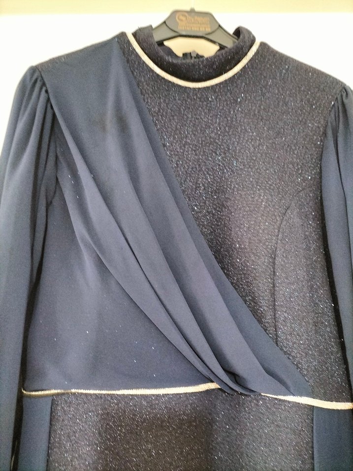 Lacivert Uzun Kollu Drapeli Abiye Elbise - Görsel 5