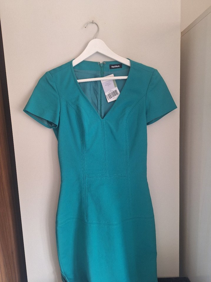 Turkuaz V Yaka Mini Kalem Elbise - Görsel 2