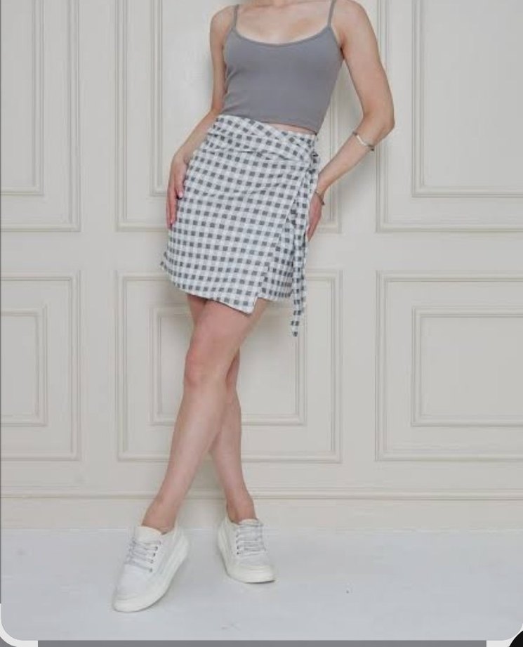 Kadın Gri Ekose Kemerli Mini Etek - Görsel 2