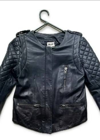 Kadın Mavi Deri Biker Ceket%100 kuzu derisi - Görsel 3