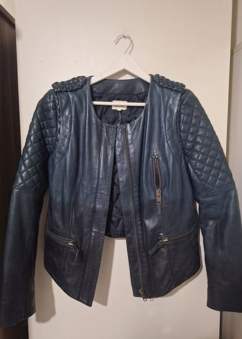 Kadın Mavi Deri Biker Ceket%100 kuzu derisi - Görsel 5