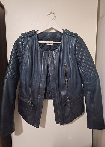 Kadın Mavi Deri Biker Ceket%100 kuzu derisi - Görsel 2