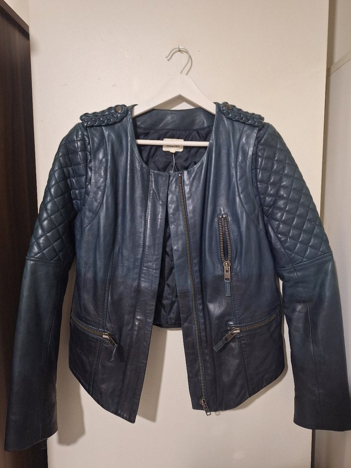 Kadın Mavi Deri Biker Ceket%100 kuzu derisi - Görsel 5