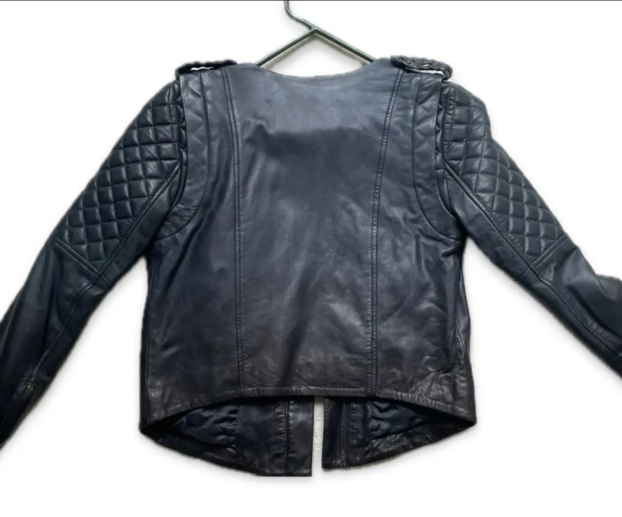 Kadın Mavi Deri Biker Ceket%100 kuzu derisi - Görsel 4