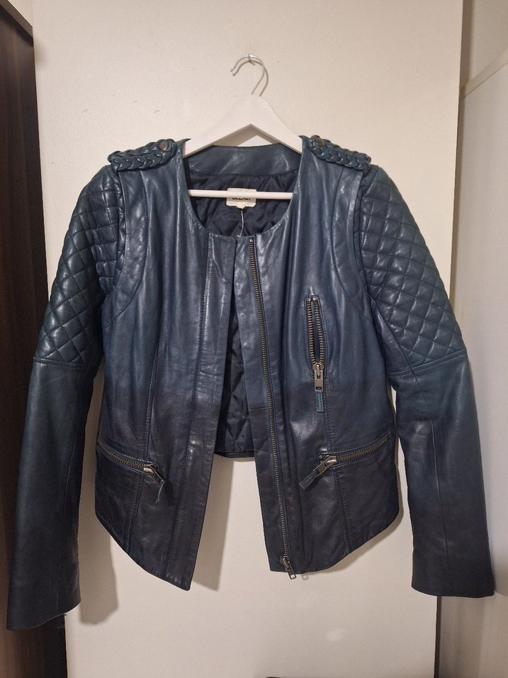 Kadın Mavi Deri Biker Ceket%100 kuzu derisi - Görsel 2