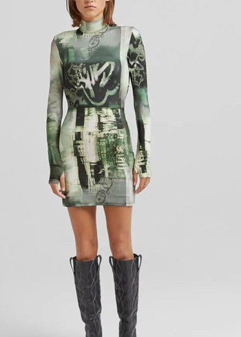 Bershka Uzun Kollu Baskili Gri Mini Elbise