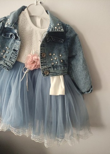 Abiye Mavi Dantel Detaylı Denim ve Tül Elbise