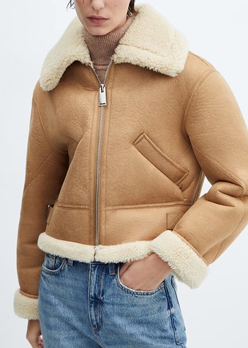 Mango Kürklü Bej Süet Kadın Mont - Görsel 2