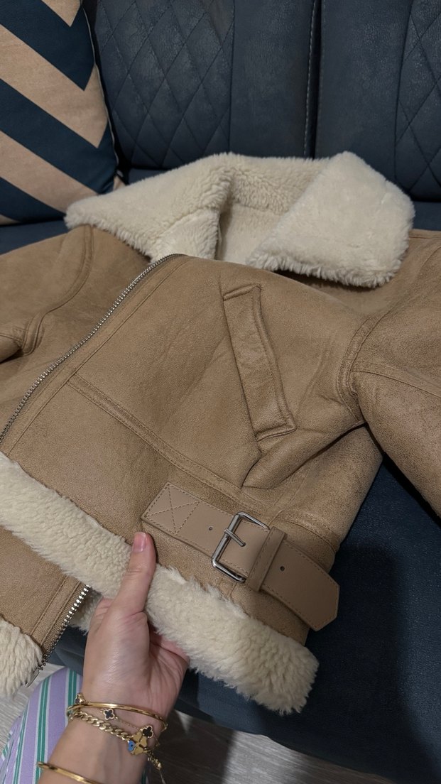 Mango Kürklü Bej Süet Kadın Mont - Görsel 5