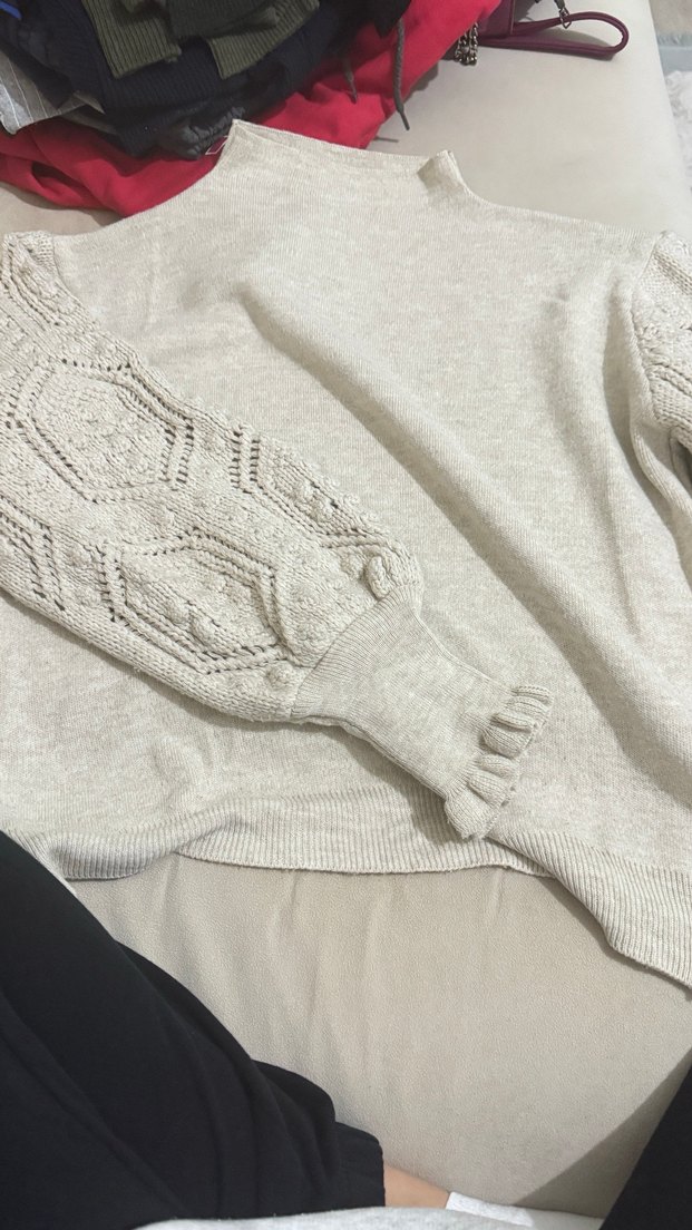 Bej Yarım Balıkçı Dantel Detaylı Triko Kazak - Görsel 3