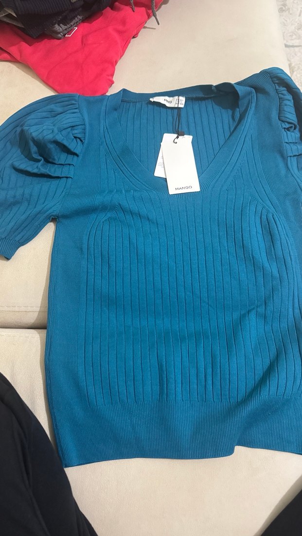 Koyu Turkuaz V Yakalı Kısa Kollu Triko Kazak - Görsel 4