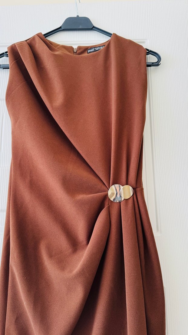Kahverengi Drapeli Uzun Kadın Elbise - Görsel 3