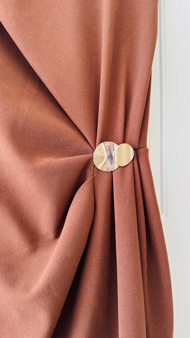 Kahverengi Drapeli Uzun Kadın Elbise - Görsel 4