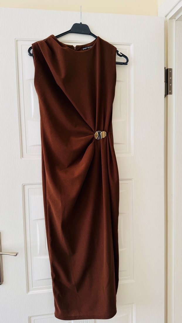 Kahverengi Drapeli Uzun Kadın Elbise - Görsel 2