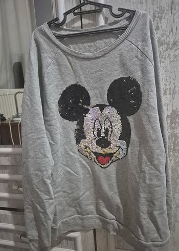 15-16 Yaş Beden gri Renk Gri Uzun Kollu Kız Sweatshirt Mickey Baskılı