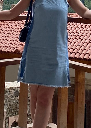 Mavi Askılı Midi Denim Elbise
