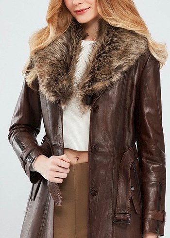 RjKürk Detaylı Kahverengi Deri Uzun Kadın Ceketi derimod rhoda - Görsel 2